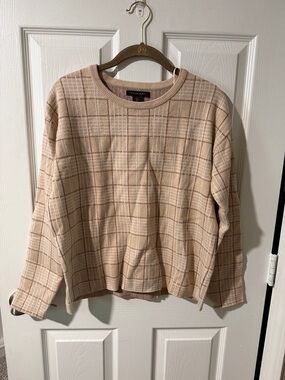 Tahari Cream and Dusty Pink Plaid Knit Pullover